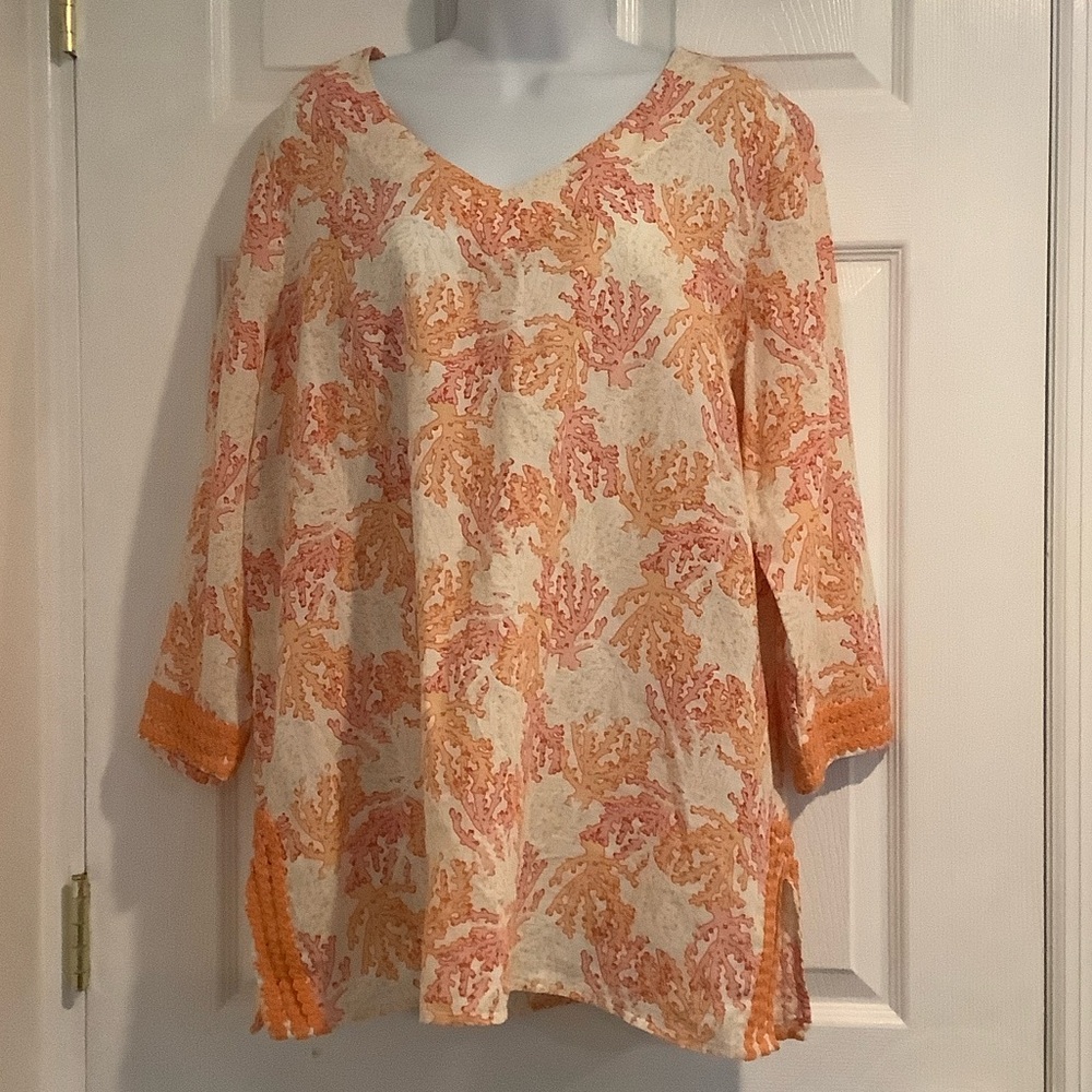 J JILL Women’s Linen Blend Coral Oversized Resortwear Coastal Summer Tunic L